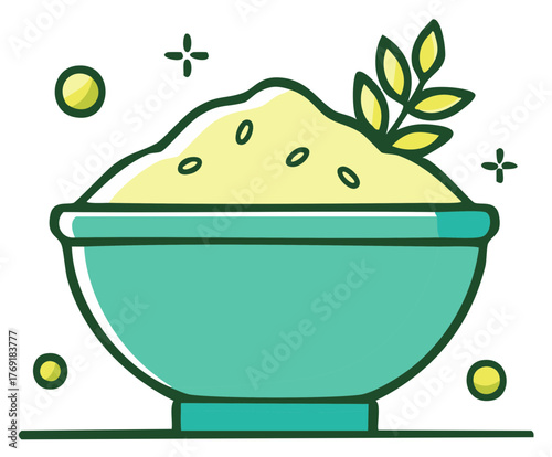 Green Bowl with Porridge and Wheat Plant. Vector Colorful Food Illustration for Healthy Lifestyle Concepts.
