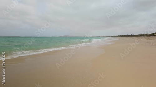 Atlantic Ocean waves breaking on the shoreline of the Cape Verde island of Boa Vista.