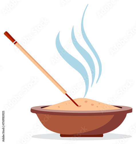Burning incense sticks in a ceramic bowl with smoke rising upwards for aromatherapy and relaxation concepts