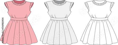 Baby girls belted dress fashion flat | Toddler dress CAD template | Cute kids outfit vector sketch | Children’s clothing design