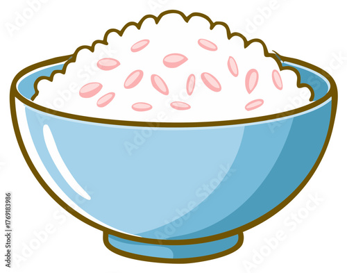 Bowl of cooked rice with some beans in blue bowl, cartoon vector.