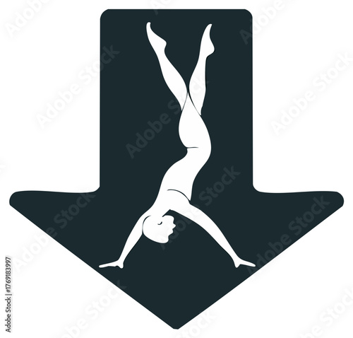 Stylized graphic of a person in a handstand pose within a downward arrow icon