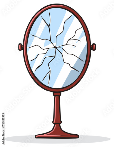 Cartoon Illustration of an Oval Standing Mirror with a Shattered Reflection, Decorative Accent