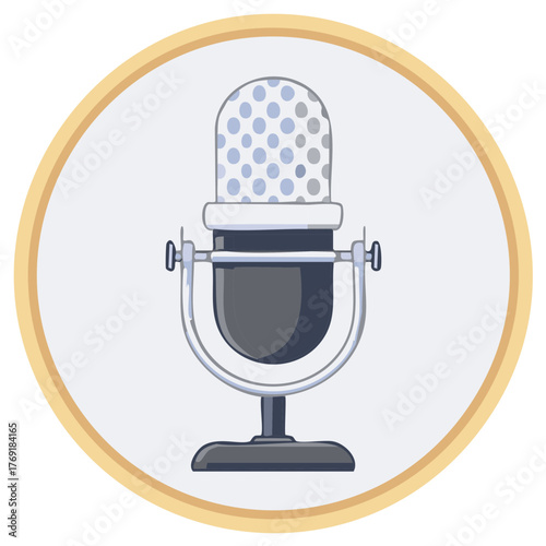 Illustration of a vintage microphone with a blue polka dot pattern