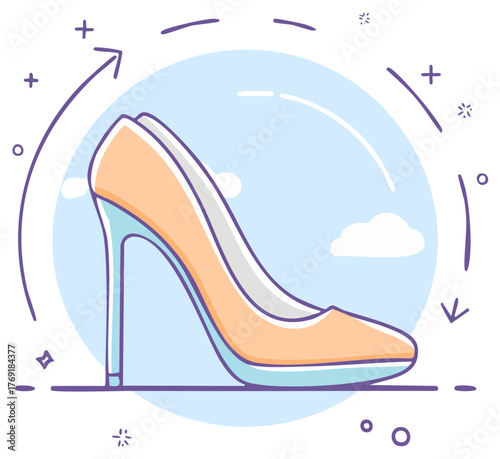 Elegant high heel shoe graphic illustration with curved arrows and decoration.
