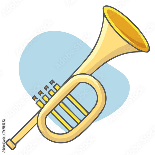 Illustration of a golden trumpet with valves against a light blue abstract shape for musical concepts