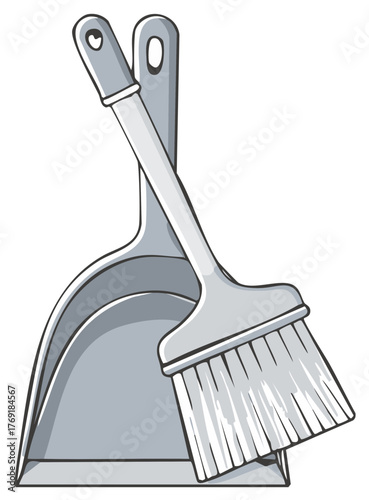 Simple gray illustration of a dustpan and brush crossed together for cleaning tasks