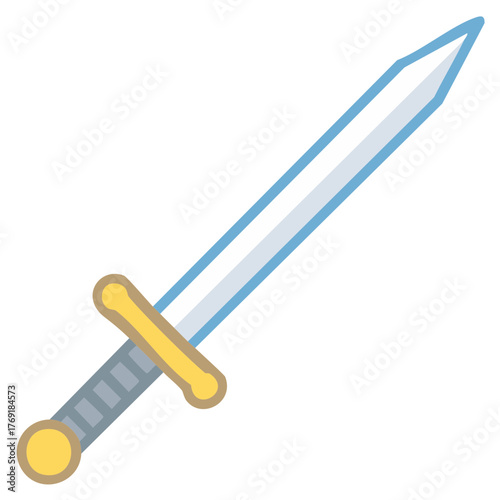 Stylized flat illustration of a silver sword with a blue outline and a golden hilt