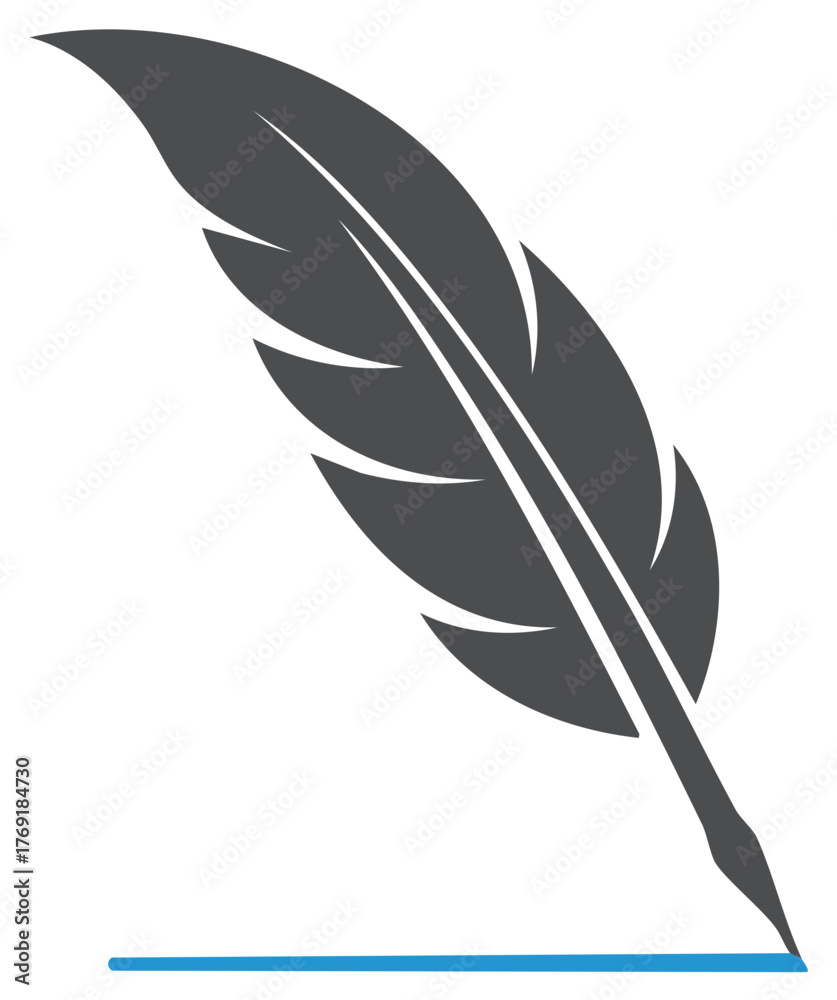 Fototapeta premium Stylized feather pen writing on a blue line, classic writing tool