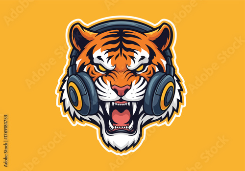Fierce tiger head gaming mascot with headphones - Gaming logo - Gaming Mascot - esport mascot stock illustration