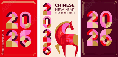 Modern geometric vertical banners for Chinese New Year 2026 - Year of the Horse