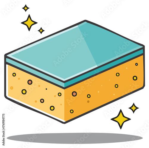 Shiny dual action cleaning sponge with sparkling stars illustration