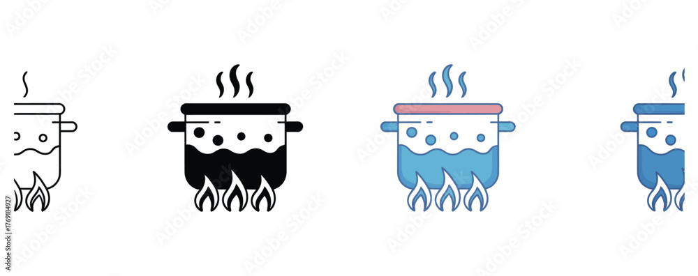 Naklejka premium Exciting icon set showing a pot on the stove with boiling water and steam rising, perfect for cooking blogs, culinary websites, or healthy eating apps, demonstrating food preparation and delicious mea