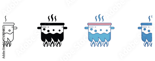 Exciting icon set showing a pot on the stove with boiling water and steam rising, perfect for cooking blogs, culinary websites, or healthy eating apps, demonstrating food preparation and delicious mea