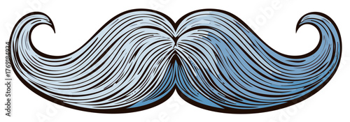 Stylish blue gray handlebar mustache with black outline. Artistic illustration of a classic vintage facial hair style.