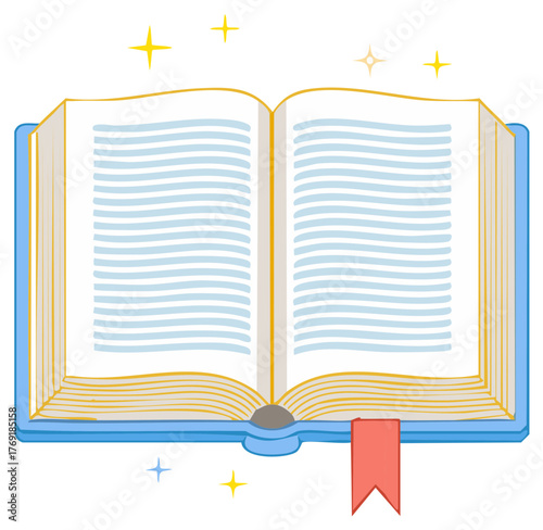 Open Blue Hardcover Book with Lined Pages and Red Bookmark Surrounded by Stars