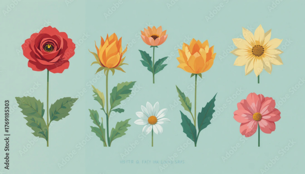 Naklejka premium A set of flat colored flower variant icon illustrations With a plain background 