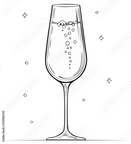 Black and white line art illustration of a festive champagne flute with sparkling bubbles