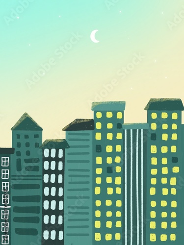 Night City Skyline Illustration with Moon and Stars in Pastel Colors