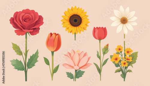 A set of flat colored flower variant icon illustrations With a plain background 