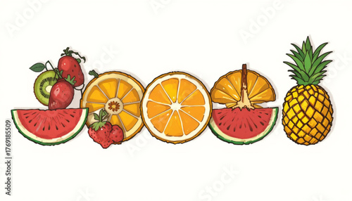 A set of flat colored fruit icon illustrations with plain background. 