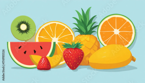 A set of flat colored fruit icon illustrations with plain background. 