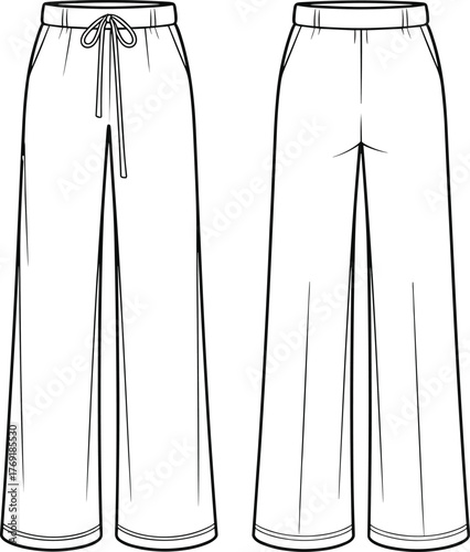 Women’s wide leg drawstring pants front and back view, fashion technical flat, vector illustration design