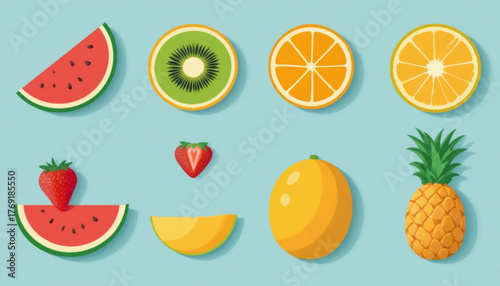 A set of flat colored fruit icon illustrations with plain background. 