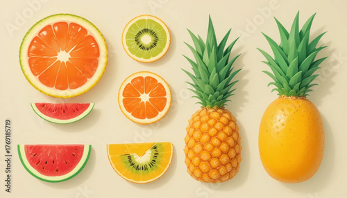 A set of flat colored fruit icon illustrations with plain background. 