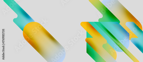 Abstract shapes overlap, creating vibrant color gradients. Smooth transitions between turquoise, yellow, green dominate composition. Minimalist design.