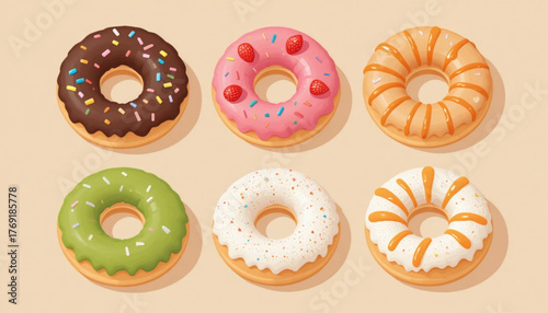 A set of flat colored donut illustrations with various toppings on a plain background. 