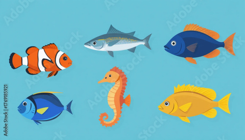 A set of flat colored sea fish illustrations on a plain background. 