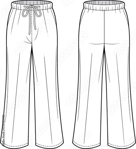 Women’s drawstring pants front and back view, wide leg trousers, vector fashion flat sketch illustration