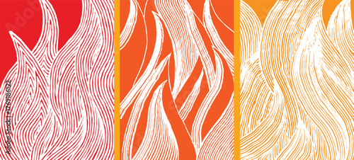 A dynamic set of hand drawn fire patterns with flowing brush lines in red, orange, and gold tones, expressing warmth, energy, and natural movement in abstract form.