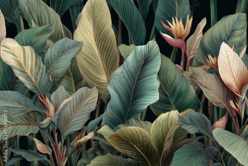 Vintage botanical tropical leaves in boho style create a serene wall design ideal for enhancing home decor and bringing nature indoors