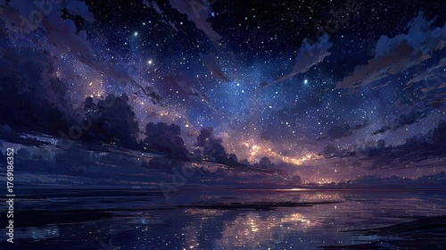 Dark night filled with stars peaceful dreams disrupted concept. A mesmerizing night sky full of stars and reflections on water.