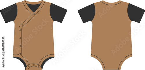 Baby wrap bodysuit vector mockup, kimono style onesie fashion flat sketch, infant clothing CAD template front and back view