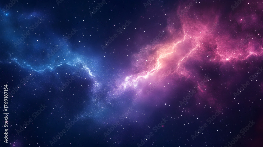 Naklejka premium Vibrant starry night sky with swirling galaxy colors in shades of blue and pink, creating mesmerizing cosmic scene. stars twinkle against colorful nebula, evoking wonder