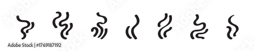 Doodle smoke icons set. Water steam symbols. Hand drawn hot vapors. Line air smell symbols. Doodle fire smoke icons. Vector illustration isolated on white background.