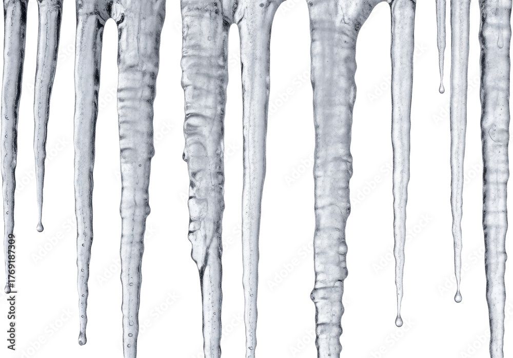 Fototapeta premium Hanging frosted icicles dripping water on a transparent background PNG image PNG file