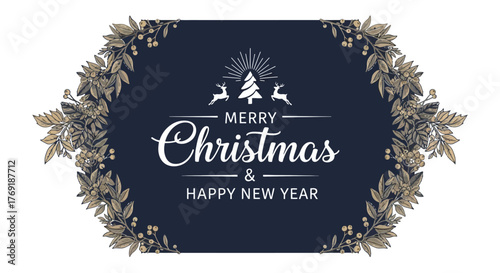 Festive holiday greetings framed with winter foliage, creating a warm and inviting Christmas and New Year message