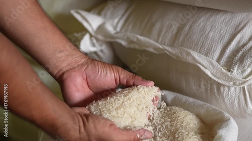 Hand Checking Rice in an Open Sack – Quality Inspection of Grains