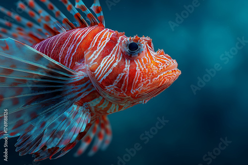 Striking close-up of a colorful lionfish, showcasing its distinctive patterns and feathery fins against a deep blue background.