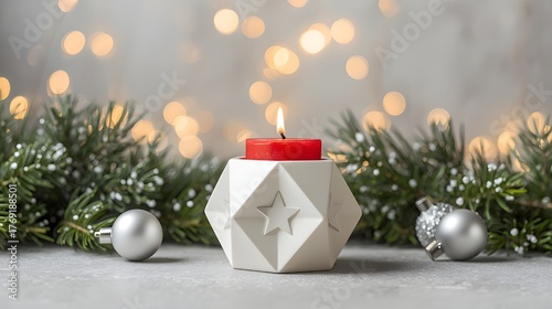 Red Candle with Pine Branches and Silver Ornaments – Elegant Christmas Holiday Decoration