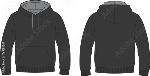 Black hoodie sweatshirt front and back view, vector apparel mockup template, unisex streetwear fashion design CAD flat sketch illustration