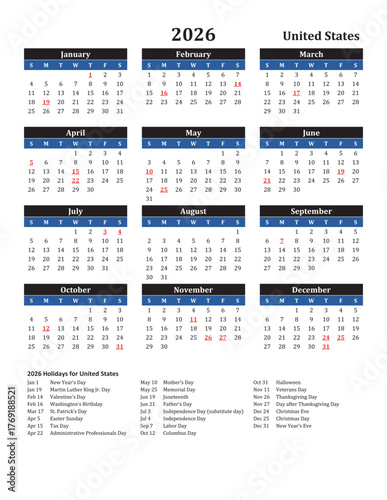 2026 Calendar with US Holidays Black and Blue Design – Portrait Layout, Sunday Start