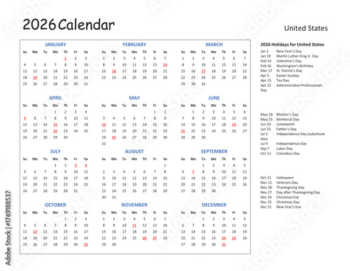 2026 Calendar with US Holidays – Simple Minimalist Landscape Design, Sunday Start