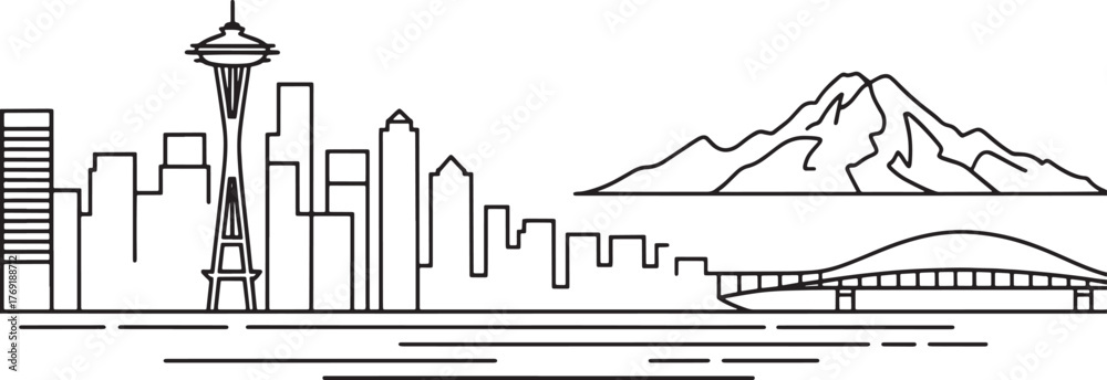 Fototapeta premium Seattle Cityscape Skyline Outline Style Minimalist Line Vector Artwork on a Transparent Scene