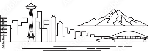 Seattle Cityscape Skyline Outline Style Minimalist Line Vector Artwork on a Transparent Scene