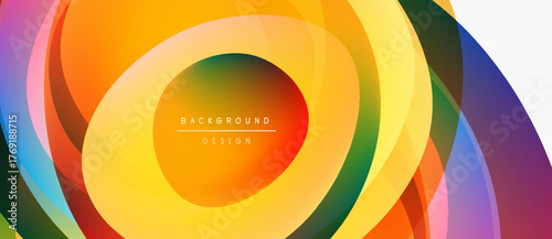 Abstract colorful layers create dynamic circular pattern. Bright gradients suggest movement, energy, modern aesthetic.